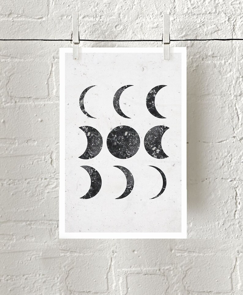 Moon Phases Print Lunar Phases Art Black And White Etsy