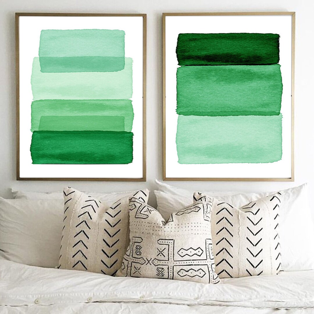 Green Wall Art Abstract Prints Set of 2 Watercolor Pantings Emerald ...