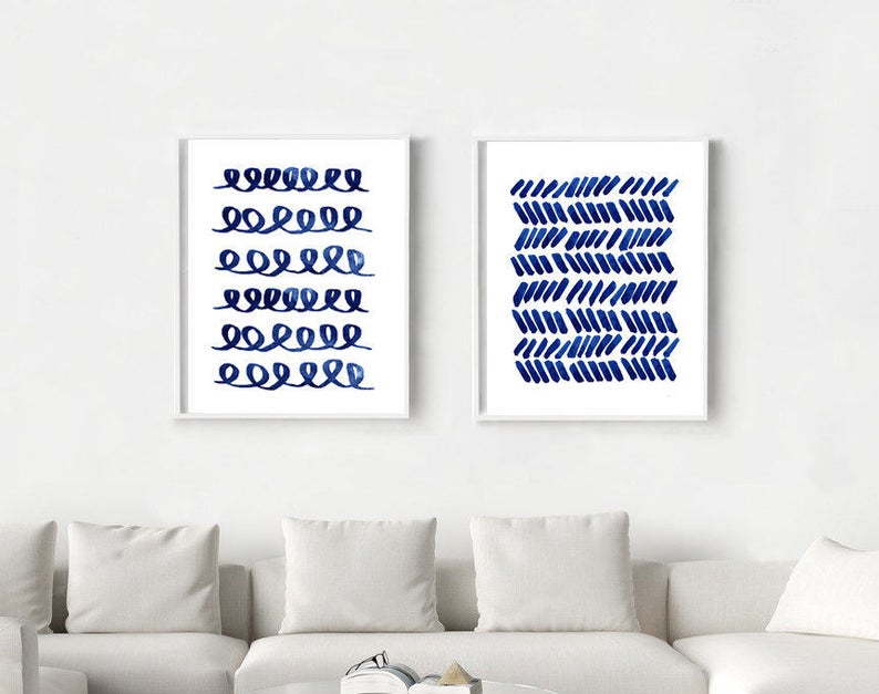 Abstract Watercolor Prints Set Large Abstract art Indigo Blue Navy Minimalist art Minimal Wall Art Loops Brushstrokes Blue Painting Modern image 2