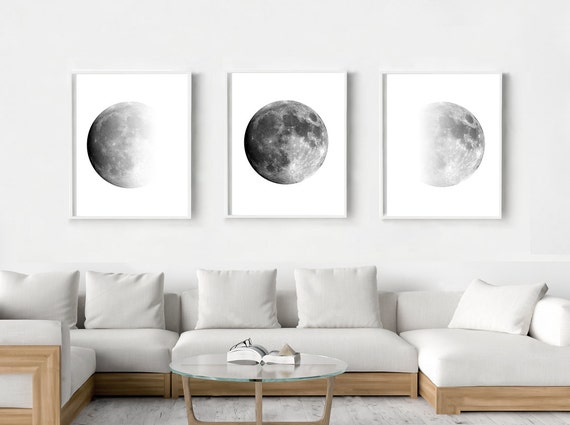 Moon Phases Print Set Of 3 Black And White Wall Art Minimalist Etsy