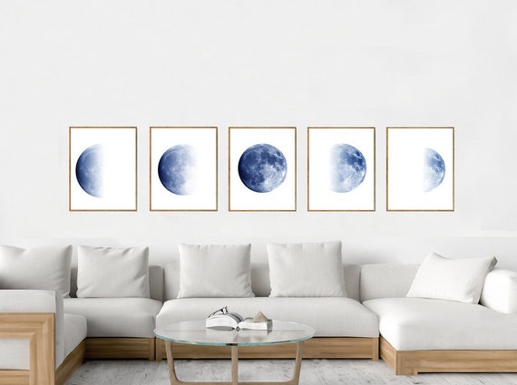 Navy Blue Moon Phases Lunar Prints Set of 5 Coastal Style Prints Boho Home Decor Night Sky Scandinavian Poster Set Indigo Blue Wall art