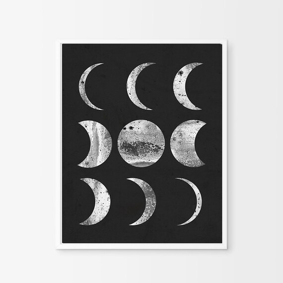 Moon Phase Print Minimalist Poster Black White Wall Art Etsy