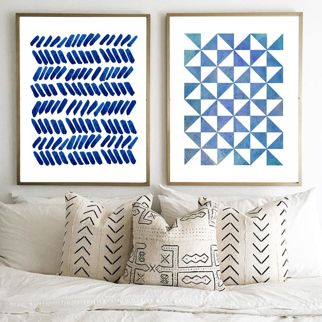 Abstract Watercolor Prints Set of 2 Diptych Indigo Blue Wall Art Navy ...