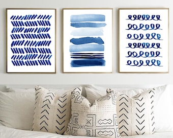 Large Abstract art Watercolor Paintings Blue Wall Art Prints set of 3 Dots Brushstrokes Stripes Indigo Blue Navy Wall art Coastal Decor Boho