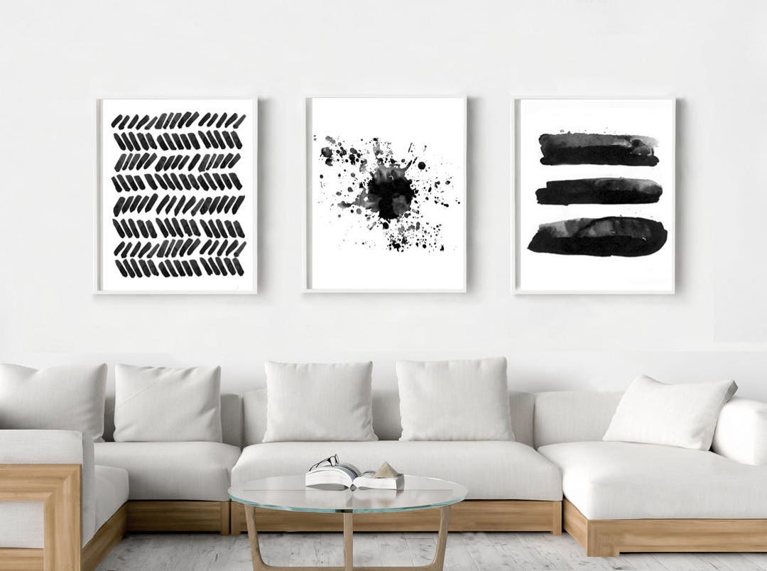 Set of 3 Print Abstract Watercolor Paintings Black White Wall Art ...
