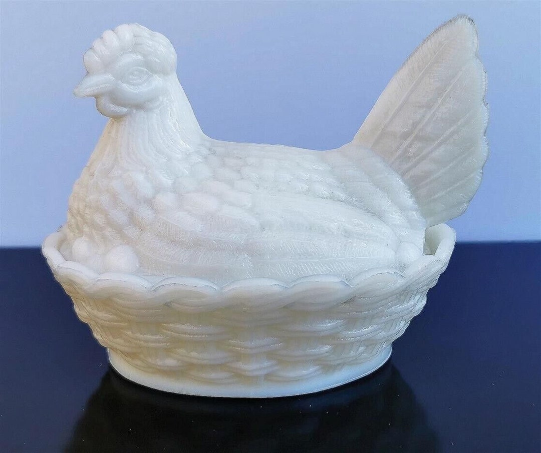 White Indiana Glass Milk Glass Hen in a Basket Figural Covered Etsy