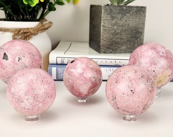 Pink Rhodonite Crystal Sphere with Stand