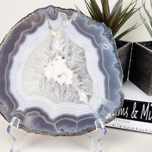 Natural Gray & White Banded Agate Slice (Extra Large) w/Free Acrylic Easel Stand