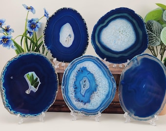 Rebanada de ágata azul con soporte independiente (promedio de 4,5 a 5,5 pulgadas)