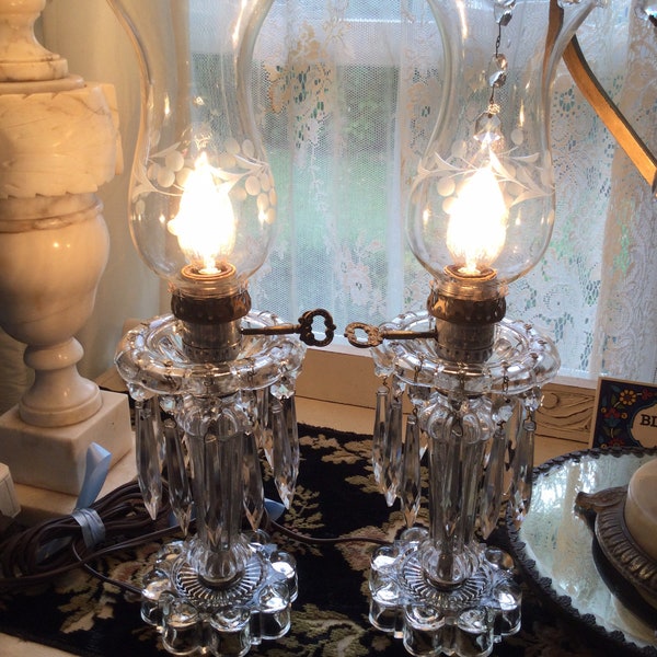 Pair of Vintage Little Hurricane Lamps Crystal Prisms