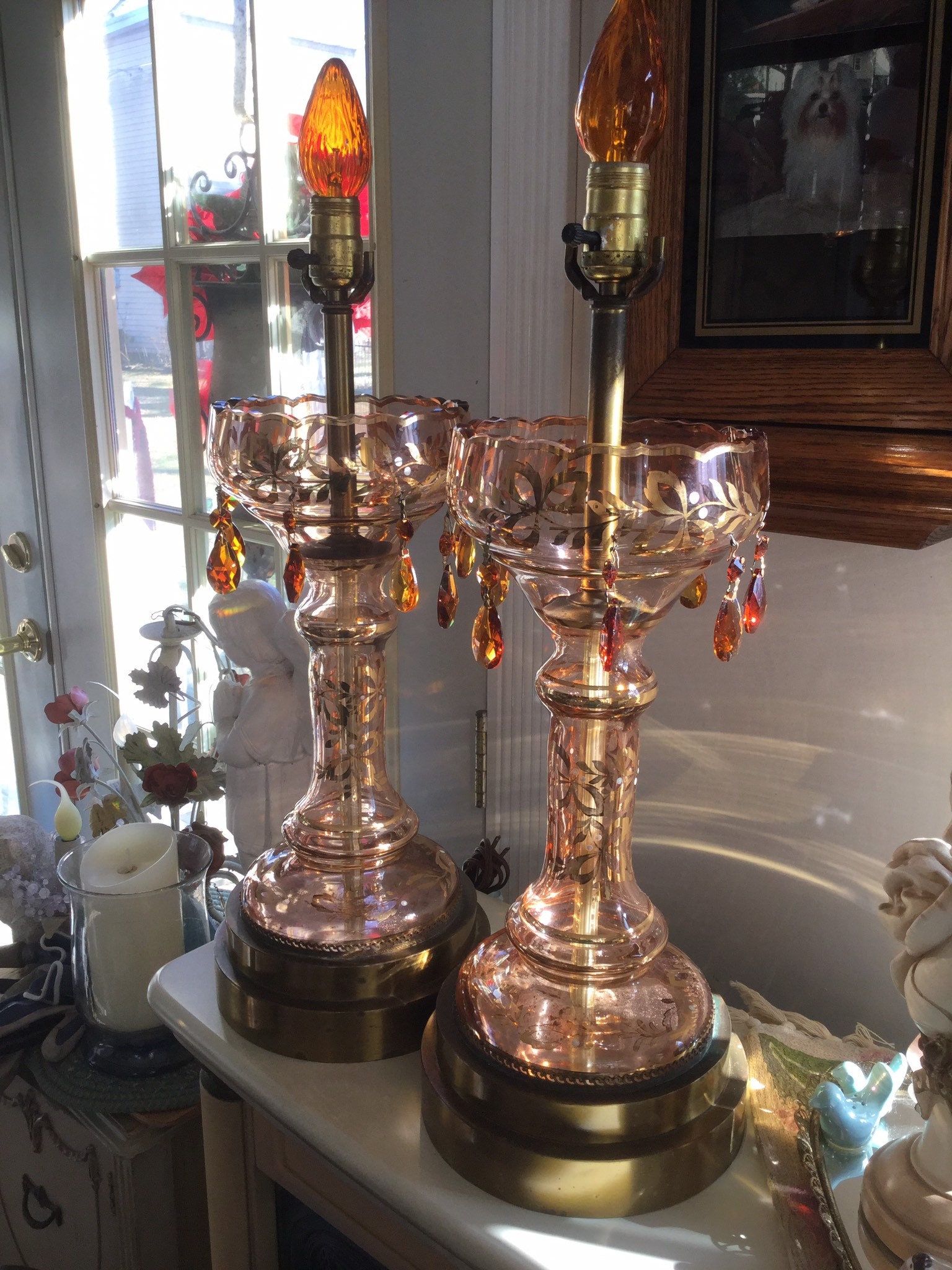 Pair of Vintage Amber Crystal Lamps Etsy