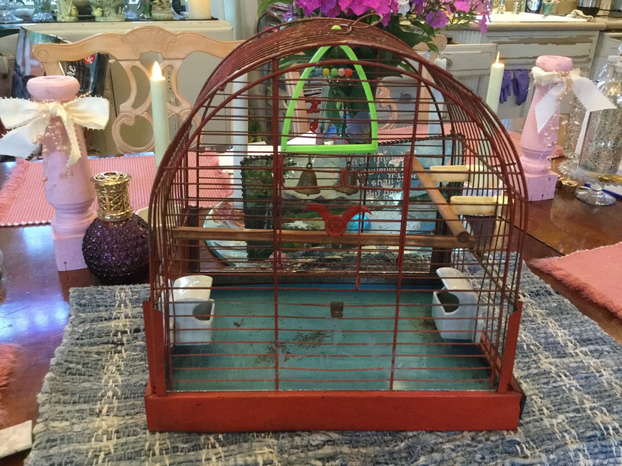 Antique Red Bird Cage China Water and Feeder