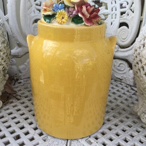 Vintage Yellow Stoneware Jug, Jar, Crock Porcelain Roses Lis