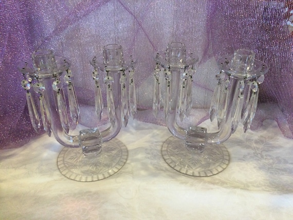 Crystal Candlesticks Pair with Bobeches and Prisms