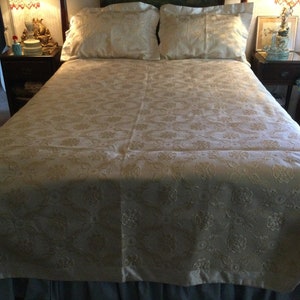 Elegant, Vintage, Metallic Gold Brocade Satin Woven Flower Pattern Bed Spread and Pillow Shams, Hollywood Regency
