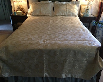Elegant, Vintage, Metallic Gold Brocade Satin Woven Flower Pattern Bed Spread and Pillow Shams, Hollywood Regency