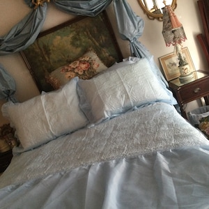 Vintage Blue Rose Embossed Bedspread and Ruffled Pillowshams