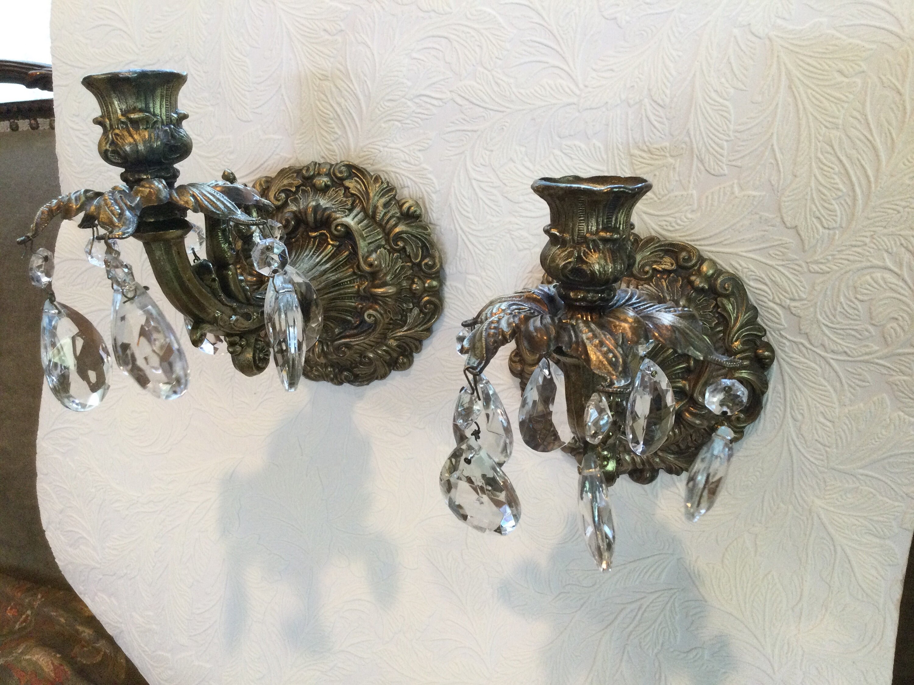 Pair of Vintage Candle Crystal Wall Sconces Bronze Metal Etsy