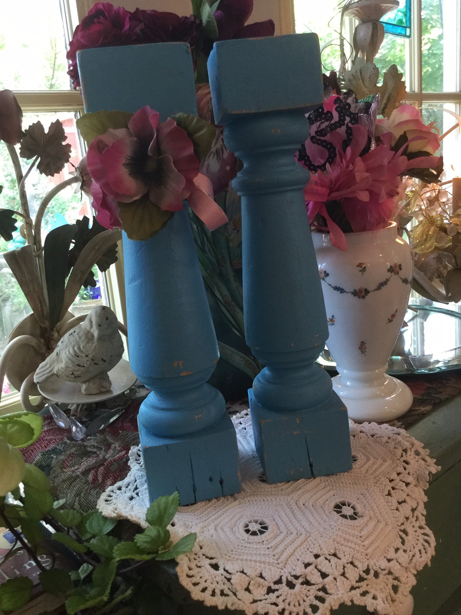 Distressed Vintage Wooden Balustrade Candlesticks