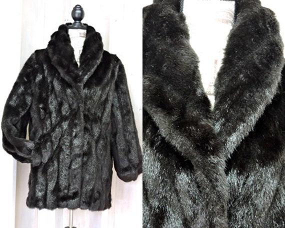 Black Faux fur coat size M 8 12 / vintage 80s fa