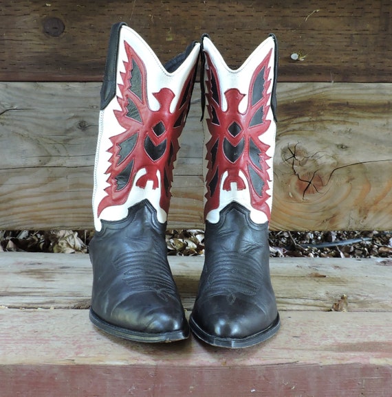 Cowgirl boots 9 / Leather black red white cowboy