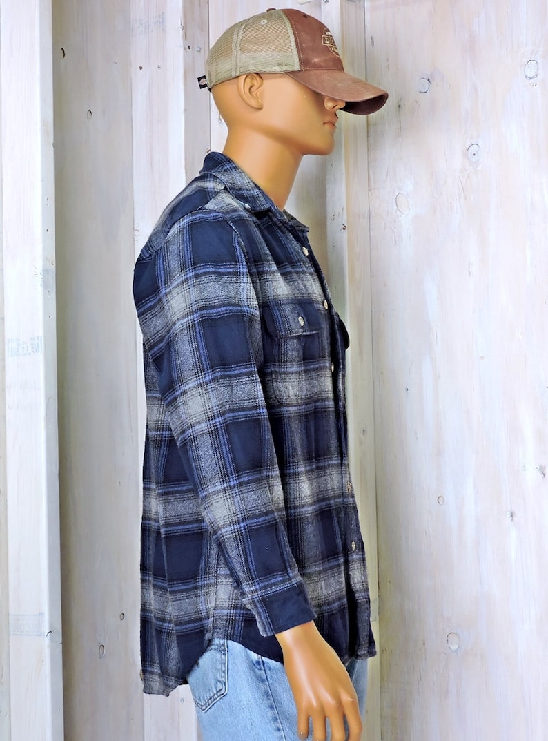 Vintage Field and Stream Heavy cotton flannel shirt size M L 90s blue gray plaid flannel hunting fishing rugged outdoors wear