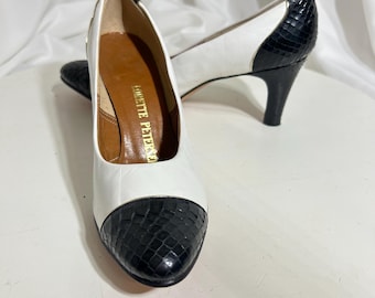 Vintage Lorette Petersen Zweifarbige Cap Toe Pumps - Weißes Leder & Marineblaues Schlangenleder - Größe 6,5