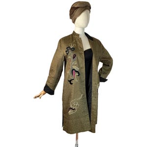 Vintage 90s Olive Green Silk Embroidered Jacket | Boho Indie Festival Layer Size M