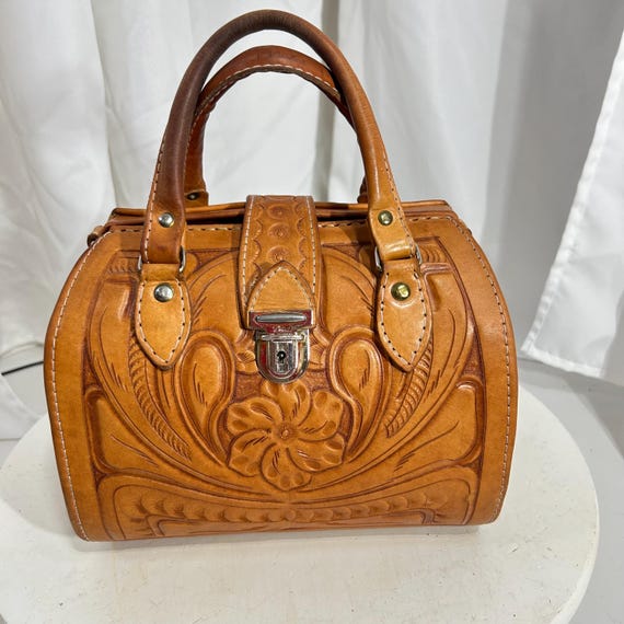 Vintage M.R. Canoa Hand-Tooled Leather Satchel Bag | 1970s Western Boho Doctor Bag Purse | Made in Paraguay Argentinian Hardware