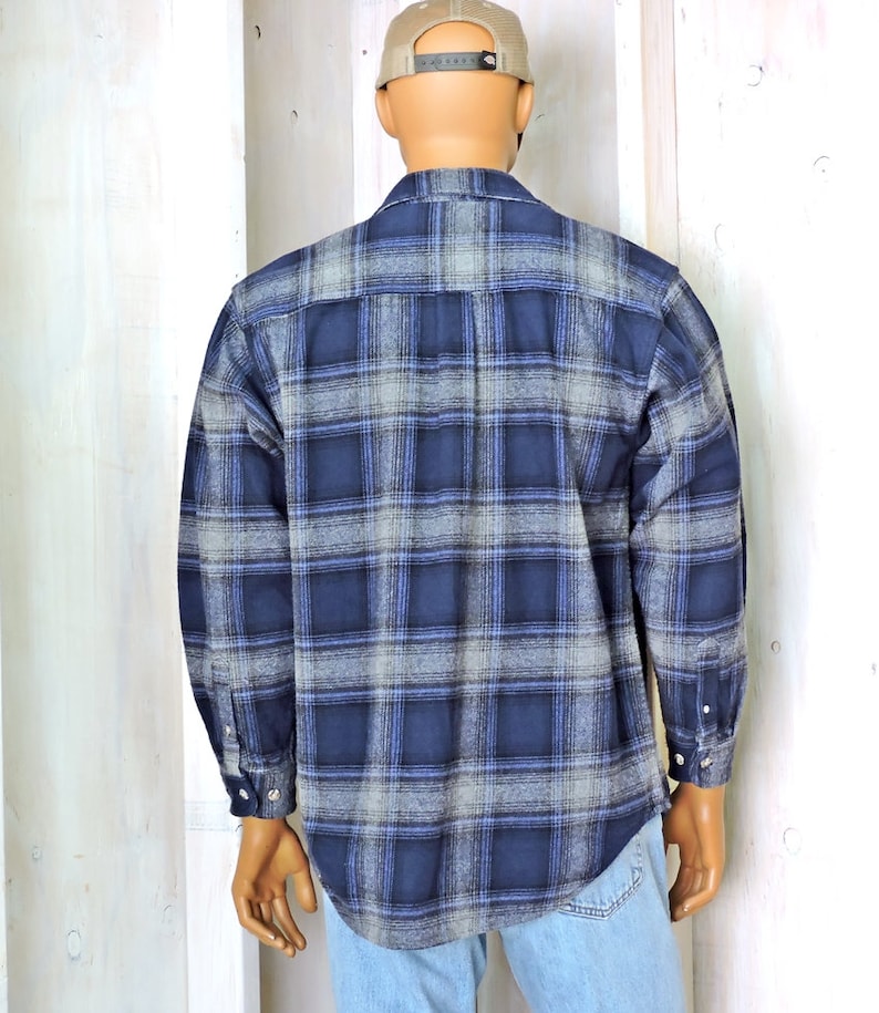 Vintage Field and Stream Heavy cotton flannel shirt size M L 90s blue gray plaid flannel hunting fishing rugged outdoors wear