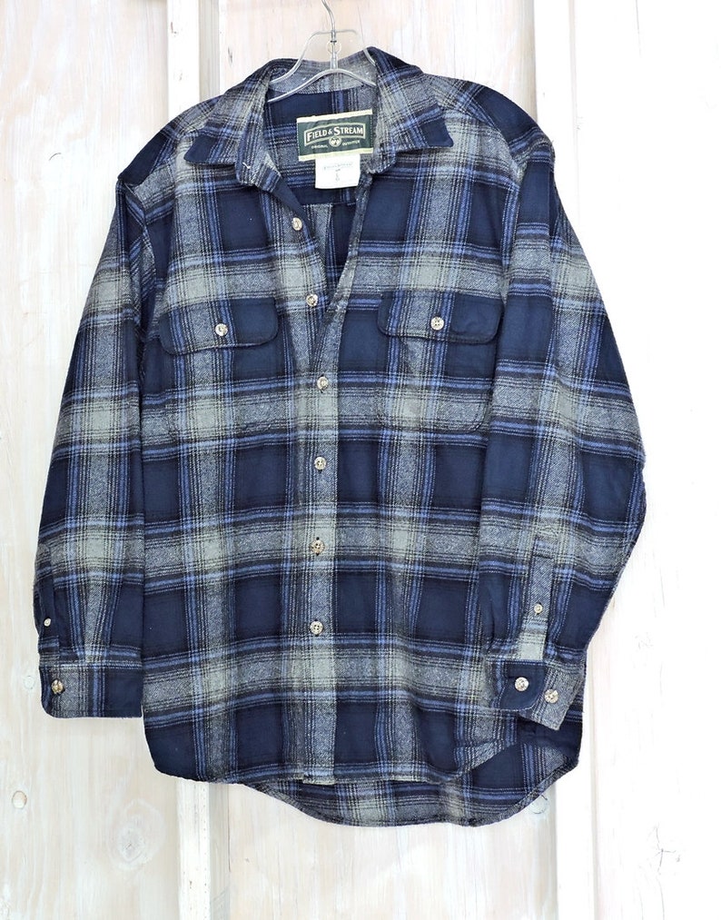 Vintage Field and Stream Heavy cotton flannel shirt size M L 90s blue gray plaid flannel hunting fishing rugged outdoors wear
