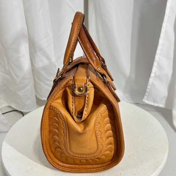 Vintage M.R. Canoa Hand-Tooled Leather Satchel Bag | 1970s Western Boho Doctor Bag Purse | Made in Paraguay Argentinian Hardware View 3