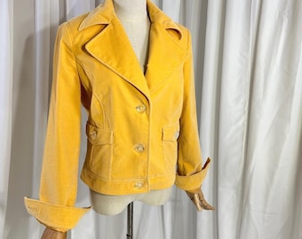 Blazer de terciopelo color caléndula de los 90 - Talla 8 - Mezcla de seda de lujo - Botones florales originales - Chaqueta amarilla Per Se Carlisle