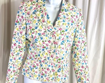 Blazer floral Liz Claiborne talla 8 - Chaqueta vibrante para fiestas de verano en el jardín - Estampado floral multicolor brillante para primavera - Estilo clásico de los 80 y 90