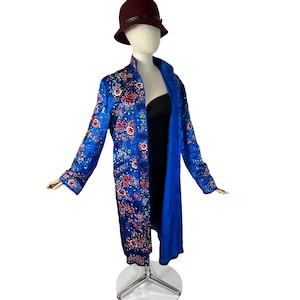 Vintage Chinese Silk Art Textile Long Jacket / Dress Coat - Heavy Embroidery - Plum Blossoms - Size M/L