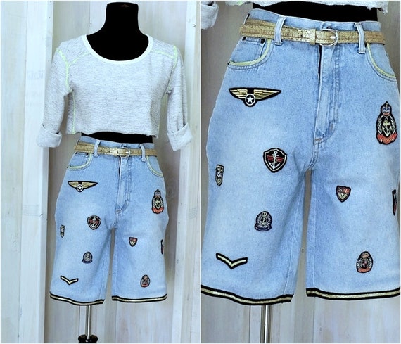 High Waisted Denim Shorts Size 5 6 26 Waist Nautical Military Patch Long Jean Shorts 90s The Limited