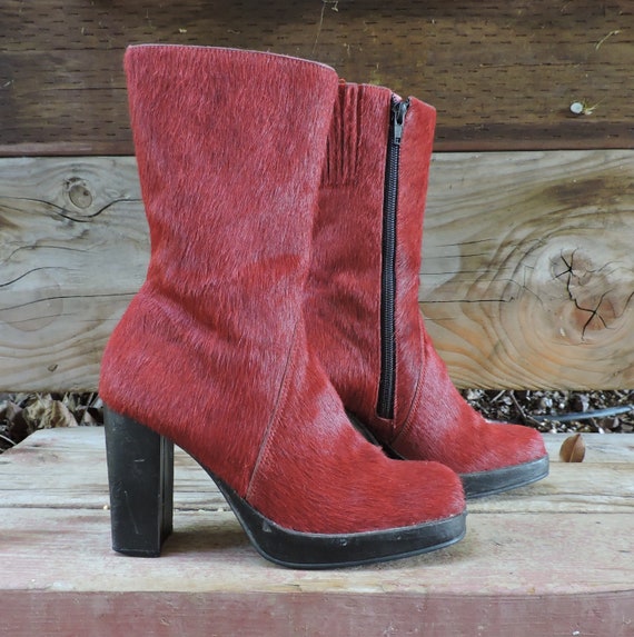 90s chunky boots / Red Womens boots 7 / Leather ha