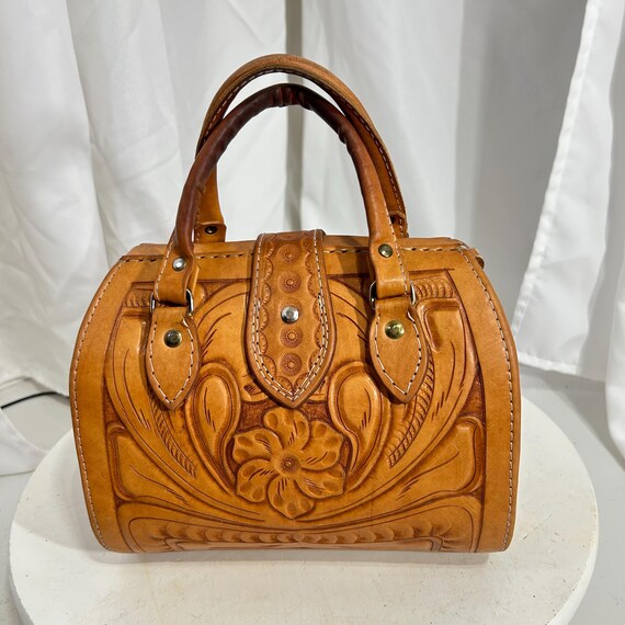 Vintage M.R. Canoa Hand-Tooled Leather Satchel Bag | 1970s Western Boho Doctor Bag Purse | Made in Paraguay Argentinian Hardware View 4