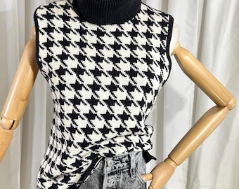 Gilet vintage Jeanne Pierre a maglia pied de poule – 100% cotone a collo alto (taglia M)