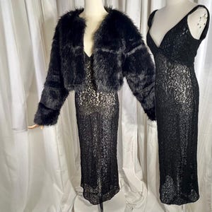 Hugo Buscati Metallic Lace Gown & Faux Fur Jacket Set | Vintage 90s Gothic Glam Maxi | Deep V-Back Evening Wear | Size Small / Medium