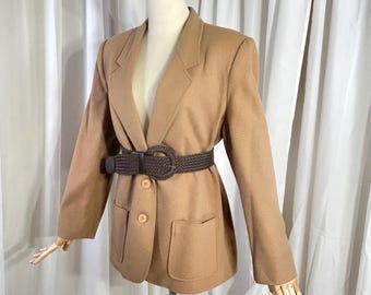 Quiet Luxury Vintage A.J. Reed Wool Cashmere Blazer Set with Belt • Old Money Aesthetic Beige Camel Tailored Jacket Minimalist • Size 8 / 10