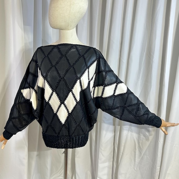 Vintage 80s Leather Patchwork Batwing Sweater siz… - image 1