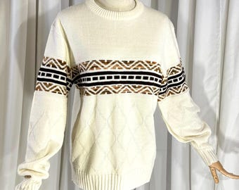 Jersey de punto vintage de los años 70, estilo Light Academia, talla grande, Claude by Brentwood, jersey geométrico color crema.
