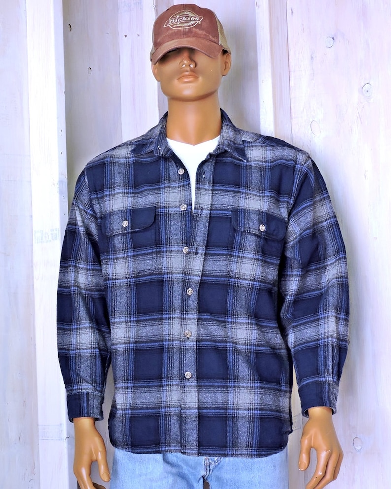 Vintage Field and Stream Heavy cotton flannel shirt size M L 90s blue gray plaid flannel hunting fishing rugged outdoors wear