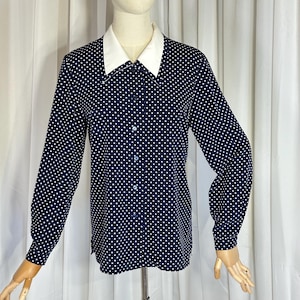 Vintage Navy and White Polka Dot Blouse | Versalle | Classic Retro Secretary Top | Size S / M