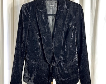 Blazer vintage Whimsigoth preto de veludo com babados dos anos 90 | Jaqueta romântica gótica com babados em camadas | Tamanho 8 da Jones Wear | Excelente estado