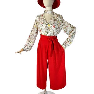 Vintage 80s Red Culottes & Blouse Set | Retro Wide Leg Pantsuit | Size Medium