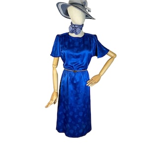 Vintage 70s Leslie Fay Royal Blue Satin Secretary Dress | Size 5/6 | Made in USA