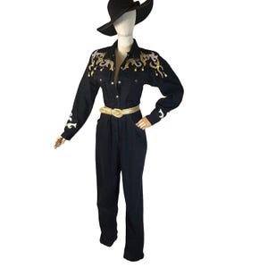 Vintage 80er Jahre Schwarzer Denim Jumpsuit, Western Vibe | Größe 5/6