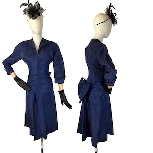 Stunning Vintage 1950s Midnight Blue Party Dress, Sharskin Taffeta Mid Century, Size XS / S